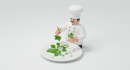 Pixelated Chef Arranging Parsley on a White Plate Isometric 3D Render on White Background