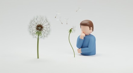 Pixelated Character Contemplating Dandelion Seeds in White Minimalist 3D Rendering
