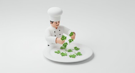 Pixelated Chef Sprinkling Parsley on White Plate 3D Render on Plain Background