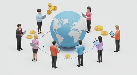 Pixelated Digital World Global Team Connection 3D Render on White Background