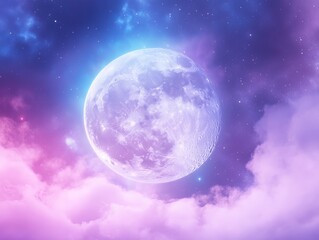Mystical full moon and vibrant northern lights in a dreamy night sky