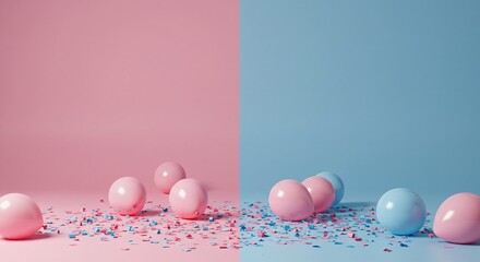 Pink and blue balloons on a dual-color background. Gender reveal party concept for baby announcement or greeting card invitation