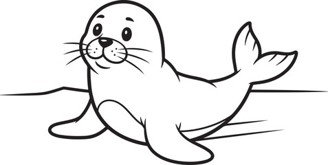 Adorable cartoon seal basking in sunshine, a black and white outline