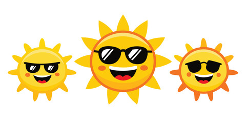 Three Happy Cartoon Suns with Sunglasses: Fun Summer and Beach Character Set