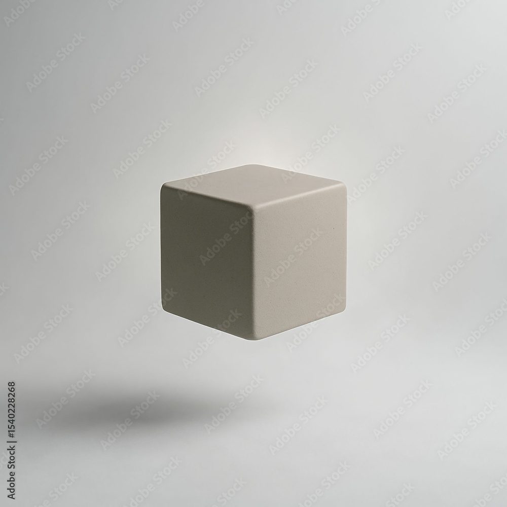 Poster floating beige cube on neutral background, minimal abstract geometry concept