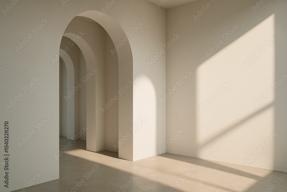 Poster Sunlight casting shadows through arched hallway in minimalist architecture

