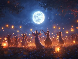Moon phases celebration with dancing in an open field under a full moon