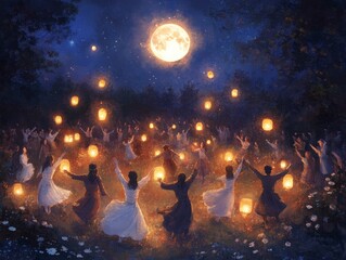 Enchanting dance under full moon in open field with glowing lanterns