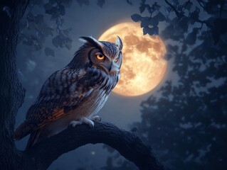 Majestic owl perched under full moon amidst moon phases, ideal for wildlife and nature themes