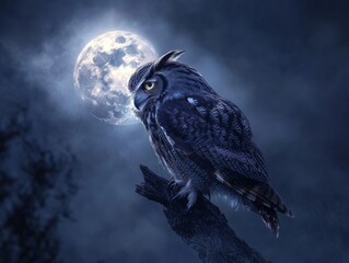 Majestic owl perched against full moon night sky illustration