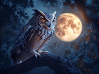 Mystical owl perched under full moon for nature and wildlife design