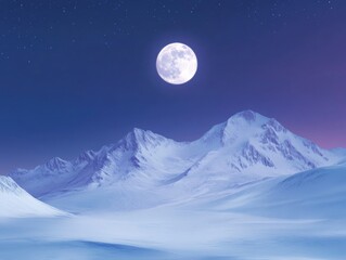 Serene full moon over snow-capped mountain peaks at night