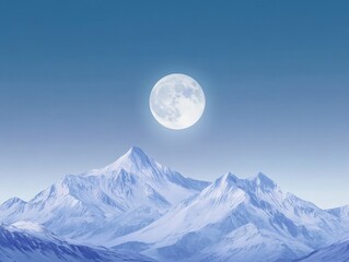 Full moon over snow-capped peaks at night