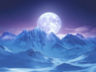 Full moon over snowy mountain peaks with tranquil night sky