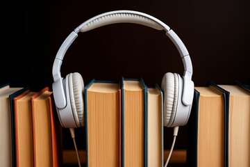 Headphones on stack of books, audiobook and modern learning concept
