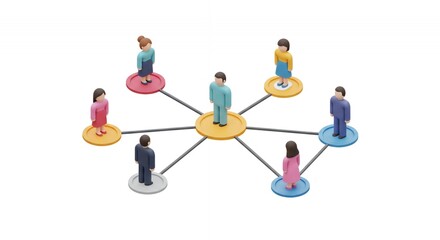 Stylized Figures Connected in a Network with Pastel Suits on a White Background Symbolizing Business Teamwork and Communication