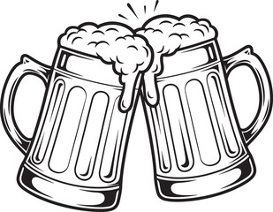Illustration of Two Frothy Beer Mugs Clinking Together in a Celebration