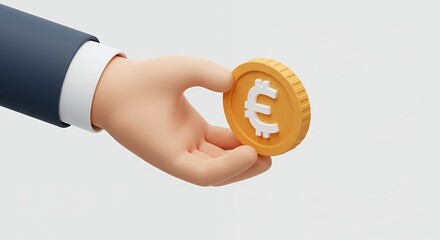 Stylized Hand Holding a Gold Euro Coin Against a Light Gray Background Symbolizing Financial Exchange and Investment in a Simple 3D Rendered Style