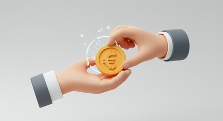 Stylized Hands Exchange Gold Euro Coin in 3D Rendering on White Background Symbolizing Finance and Transactions