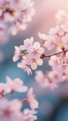 Obraz premium Delicate cherry blossoms in full bloom against a soft blue background