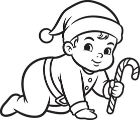 Cute baby in a Santa hat crawling with a Christmas candy cane