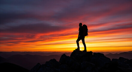 Obraz premium Lone hiker silhouetted at sunset, standing tall on rugged mountain summit.