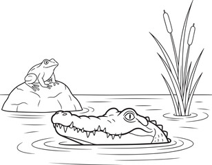 A Line Art Scene of a Frog, Alligator and Cattails in Nature