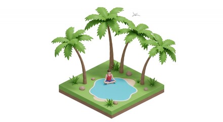 Woman Meditating by Blue Pond Surrounded by Palm Trees in Isometric 3D Render on Square Green Island Isolated Against White Background