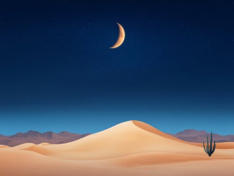 Tranquil desert landscape with half moon and starry night sky - Powered by Adobe