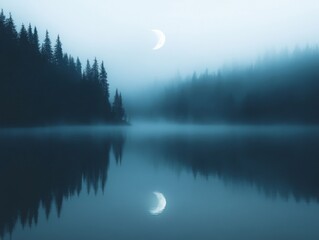 Tranquil new moon over serene lake in misty forest setting for peaceful landscape design