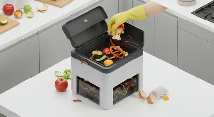 Worm Composting Bin on White Countertop in Kitchen with Hand Adding Food Scraps for Earth Day Waste Reduction Concept