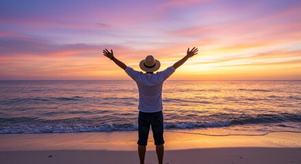 Fototapeta premium Man Welcoming Sunset at Beach - A man stands on a beach with arms outstretched, welcoming a vibrant sunset. Peaceful and serene scene
