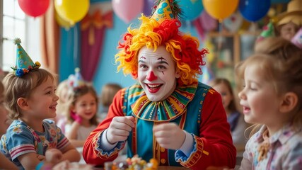 Joyful clown entertaining children at vibrant birthday party with balloons and festive decor - Powered by Adobe