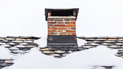 Residential house roof covered in snow showing chimney damage, layered and missing shingles, representing winter weather affects, aging structure, and urgent home maintenance issues