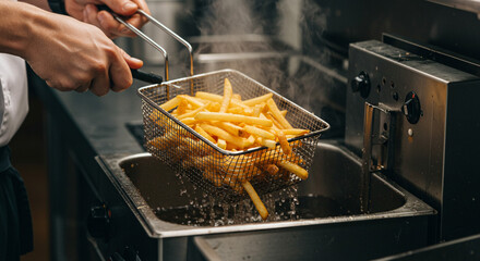 A chef preparing french fries in a restaurant kitchen with a deep fryer and metal basket full of food