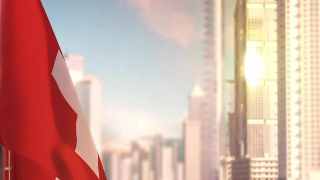 Switzerland flag at sunset with modern city architecture