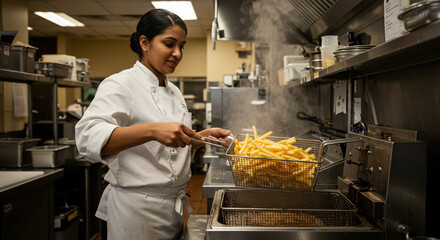 Woman chef frying french fries in a commercial kitchen with stainless steel equipment and steam rising
