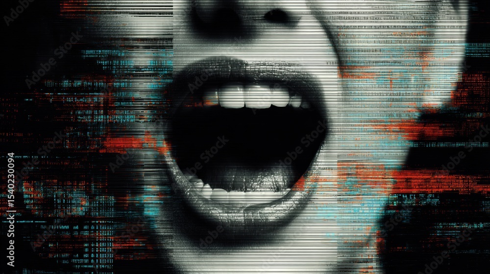 Poster Screaming Mouth Amidst Chaotic Data Noise in Dark and Unsettling Visual Composition