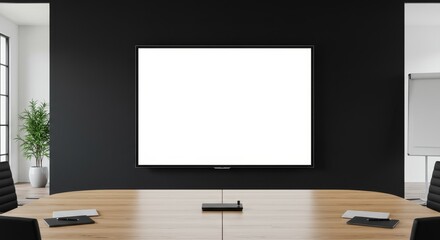 Modern Conference Room with Blank TV Screen - Contemporary office space, blank screen mockup, business technology, presentation, meeting room.