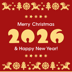 Two rectangular Christmas cards. Gold text 2026, Merry Christmas, Happy New Year on red and white background. Ratio 2:1. Border of snowflakes, fir trees, stars, symbol of Chinese New Year - cute horse