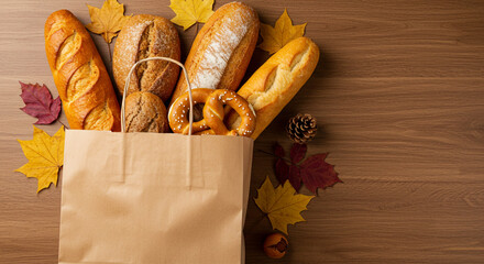 Assorted breads and a pretzel in a paper bag surrounded by autumn leaves on a wooden surface
