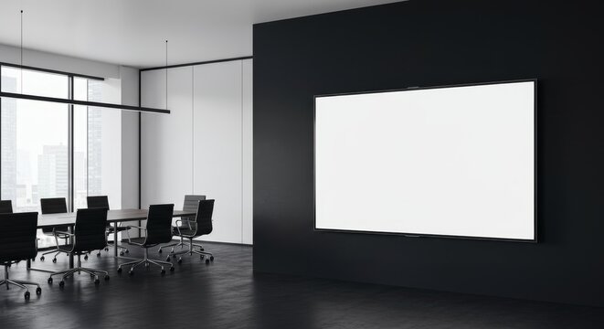 Modern Office Conference Room with Blank Screen - Contemporary conference room featuring a large blank screen on a black wall, ideal for presentations or displays.