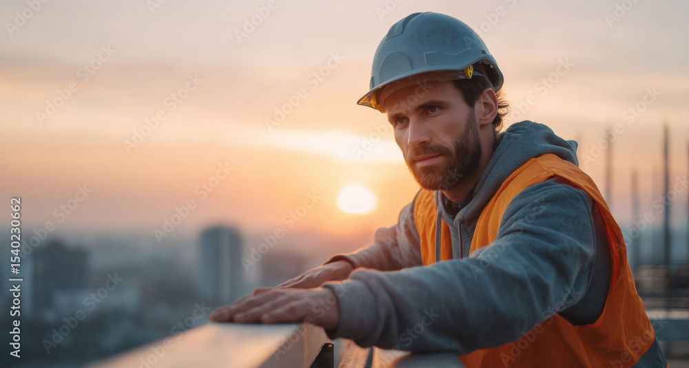 Poster a man with a hard hat and safety vest looks thoughtfully into the distance during sunset on a constr