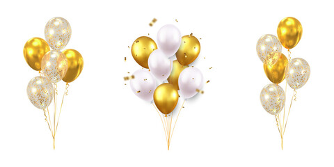 Versatile Party Balloon Groups in Gold, White, and Transparent Confetti Styles; Festive Balloon Decoration Set with Golden and White Elements and Scattered Glitter