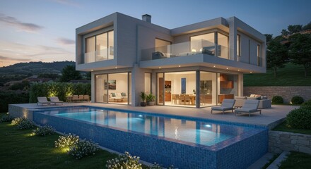 Fototapeta premium Modern Villa Design Indoor Outdoor Living - Luxurious villa, innovative design, high-end finishes, indoor-outdoor flow, stunning pool. Represents modern architecture, comfort, luxury, and relaxation