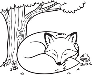 Cozy Nap A charming fox sleeping beneath a tree in the forest