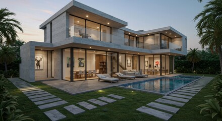 Fototapeta premium Modern Villa Design Indoor Outdoor Living - Luxury villa showcasing innovative design, high-end finishes, indoor-outdoor flow, tranquil pool, and sophisticated ambiance.