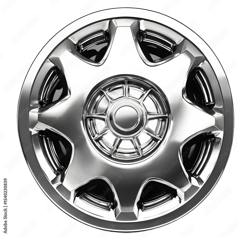 Poster a shiny car hubcap with spoke design, isolated on a empty plain background