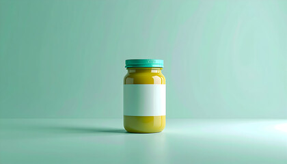 Yellow Baby Food Jar with Blank Label on Teal Background