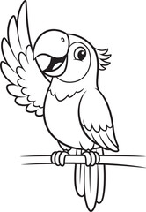 Friendly Parrot Perched on a Branch Waving, Black and White Line Art
